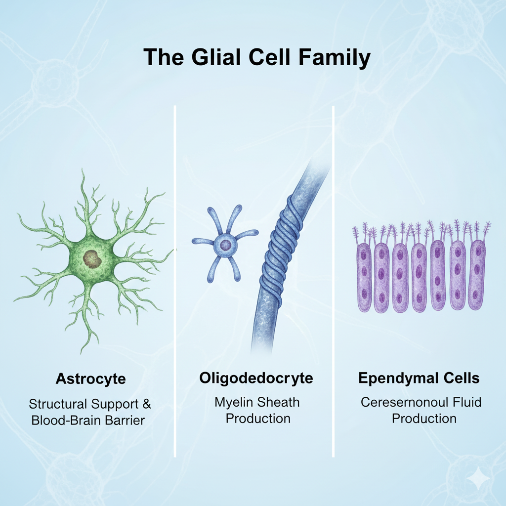 A microscopic-style illustration showing the three types of glial cells (Astrocytes, Oligodendrocytes, Ependymal cells).