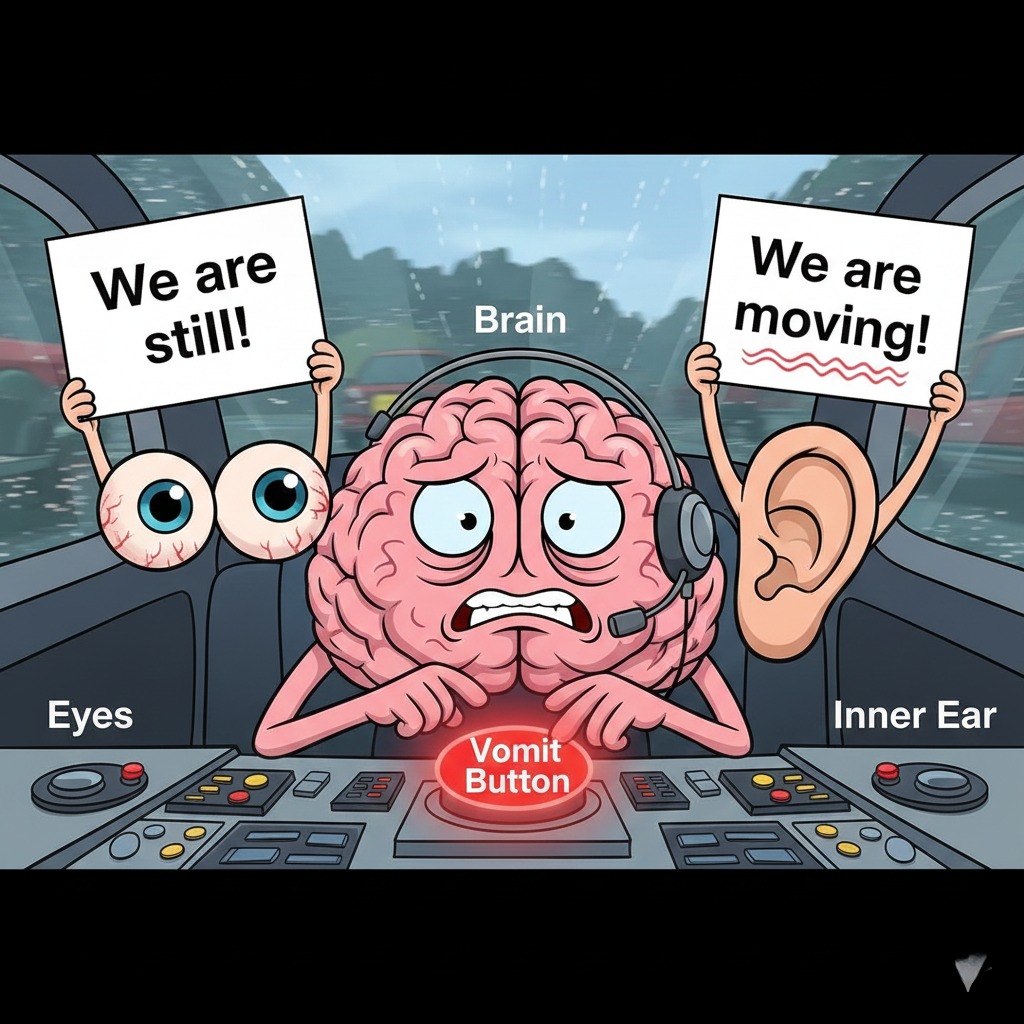 The Motion Sickness Debate a Brain sitting at a control desk