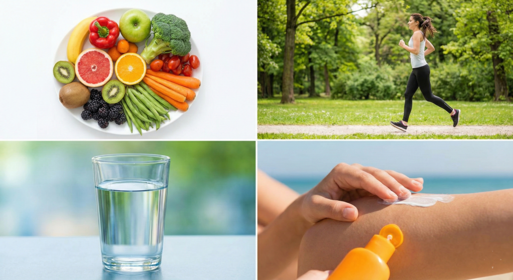 key components of a cancer-preventive lifestyle nutritious food, regular exercise, hydration, and sun protection.