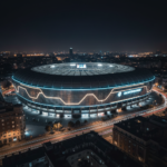 The futuristic exterior of the renovated Santiago Bernabéu stadium at night