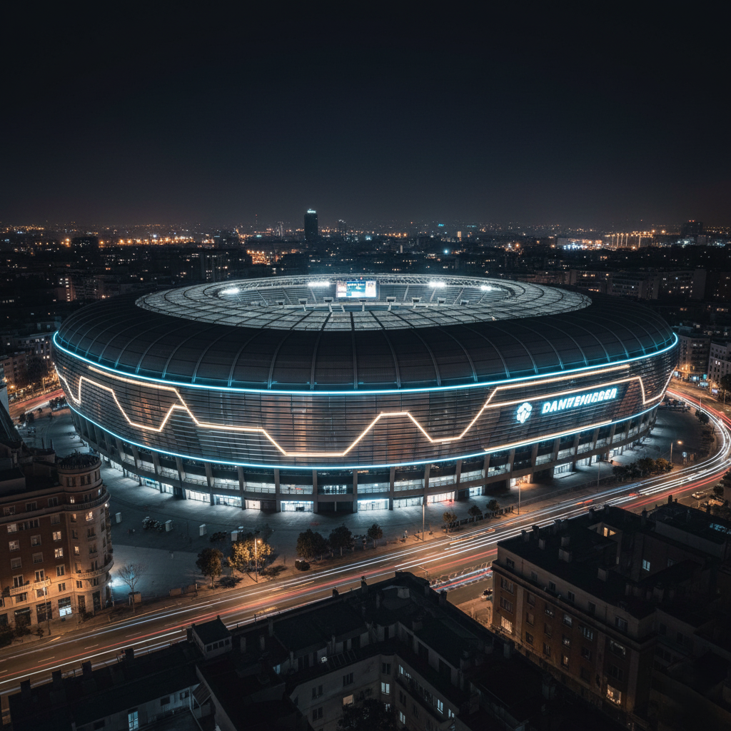 The futuristic exterior of the renovated Santiago Bernabéu stadium at night