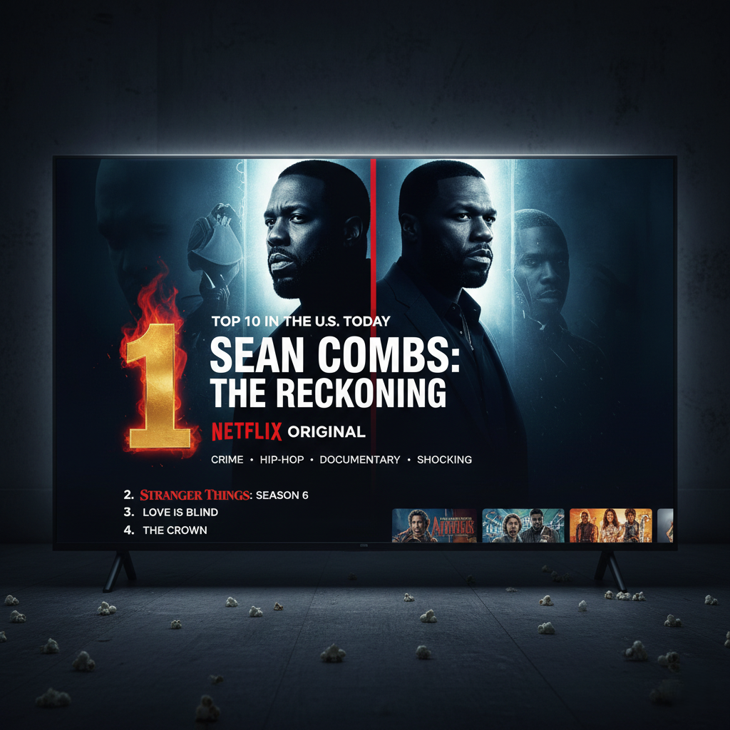 The number 1 slot features a poster for 'Sean Combs The Reckoning' with a dramatic silhouette of Diddy and 50 Cent looking serious in the foreground
