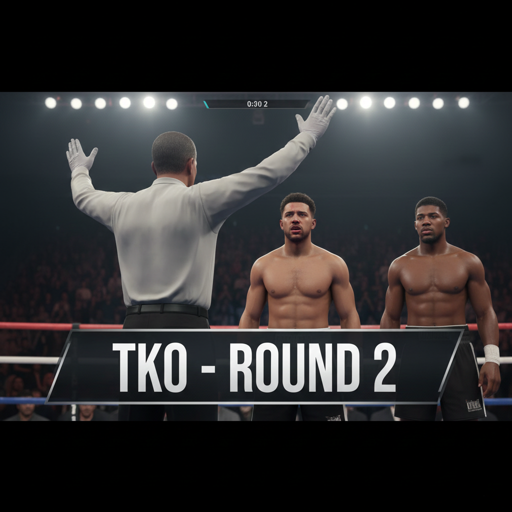 The referee stops the fight in Round 2, declaring Anthony Joshua the winner by TKO in the simulation.