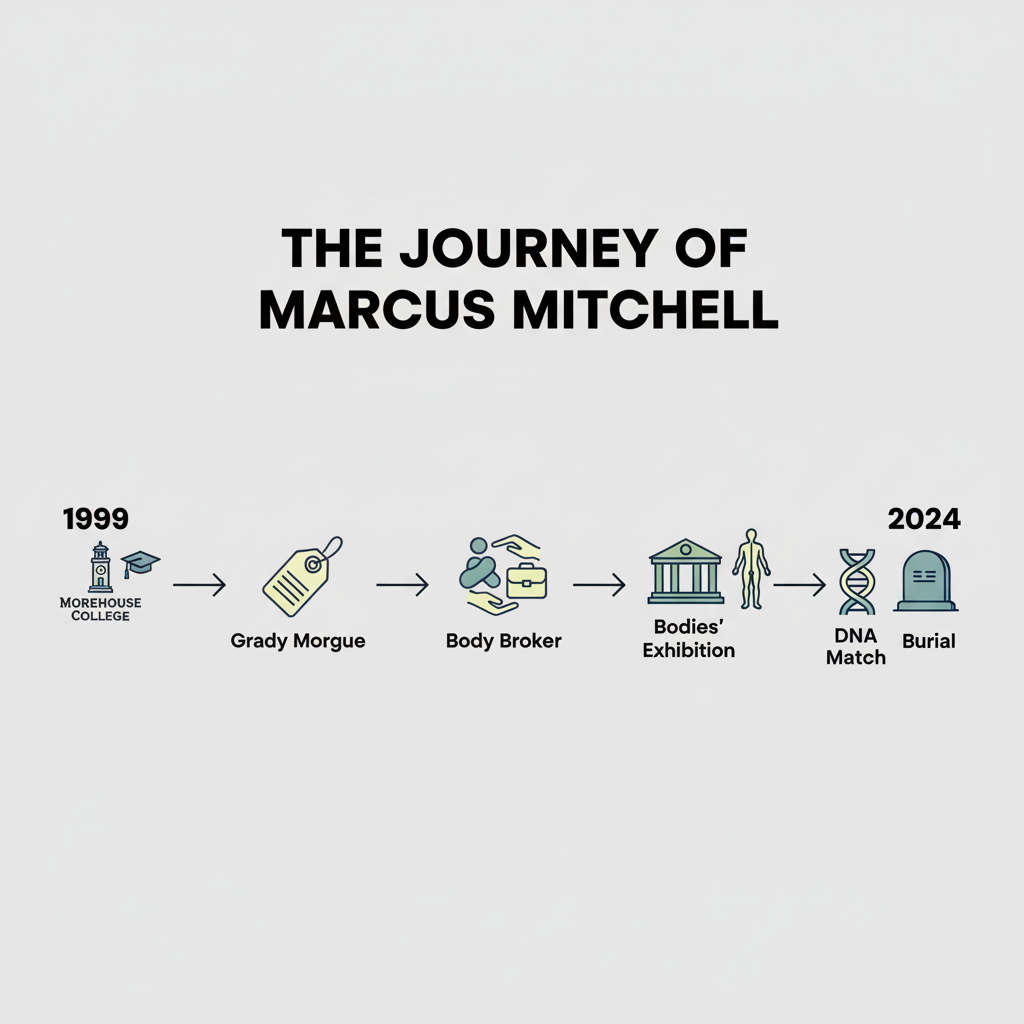 Timeline infographic showing the trafficking of Marcus Mitchell’s remains from his disappearance to his identification.