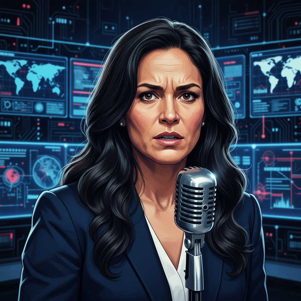 Tulsi Gabbard wearing a blazer, looking serious and concerned while speaking into a microphone