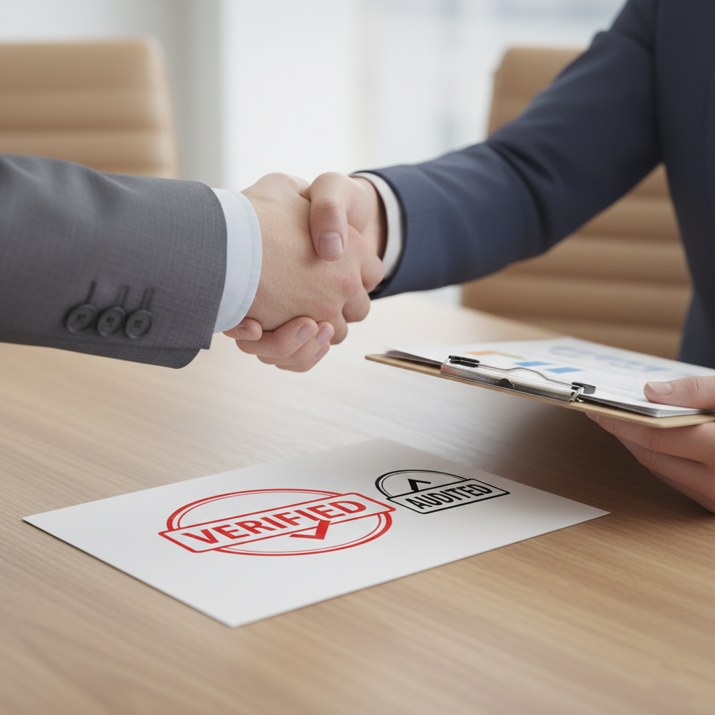 Two people shaking hands over a verified ESG report, symbolizing the role of independent assurance in building trust and combating greenwashing.
