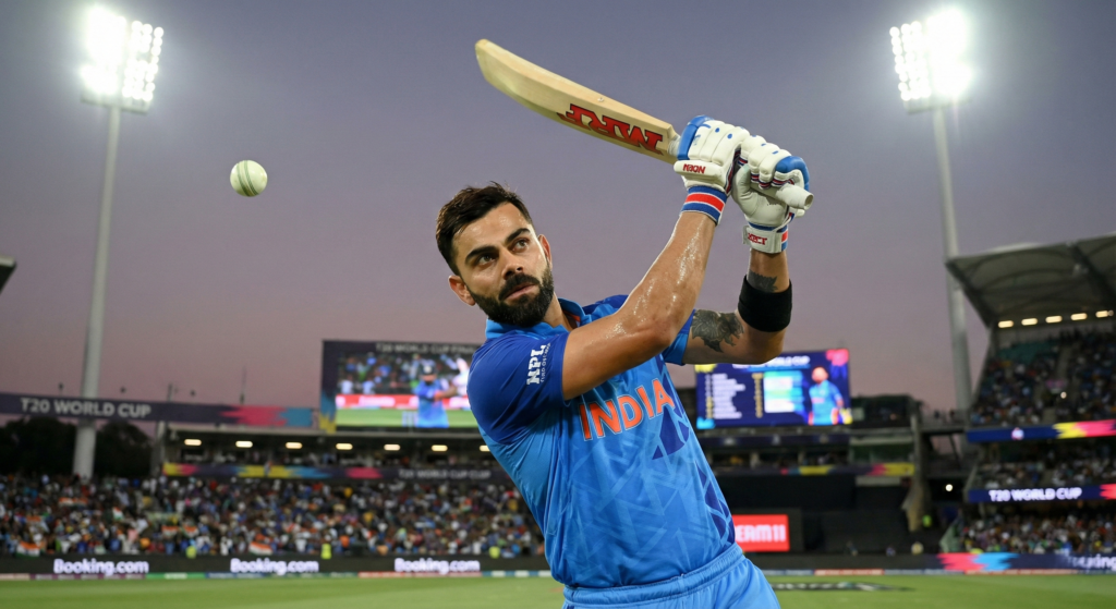 Virat Kohli playing a match-winning knock of 76 runs in the T20 World Cup final.