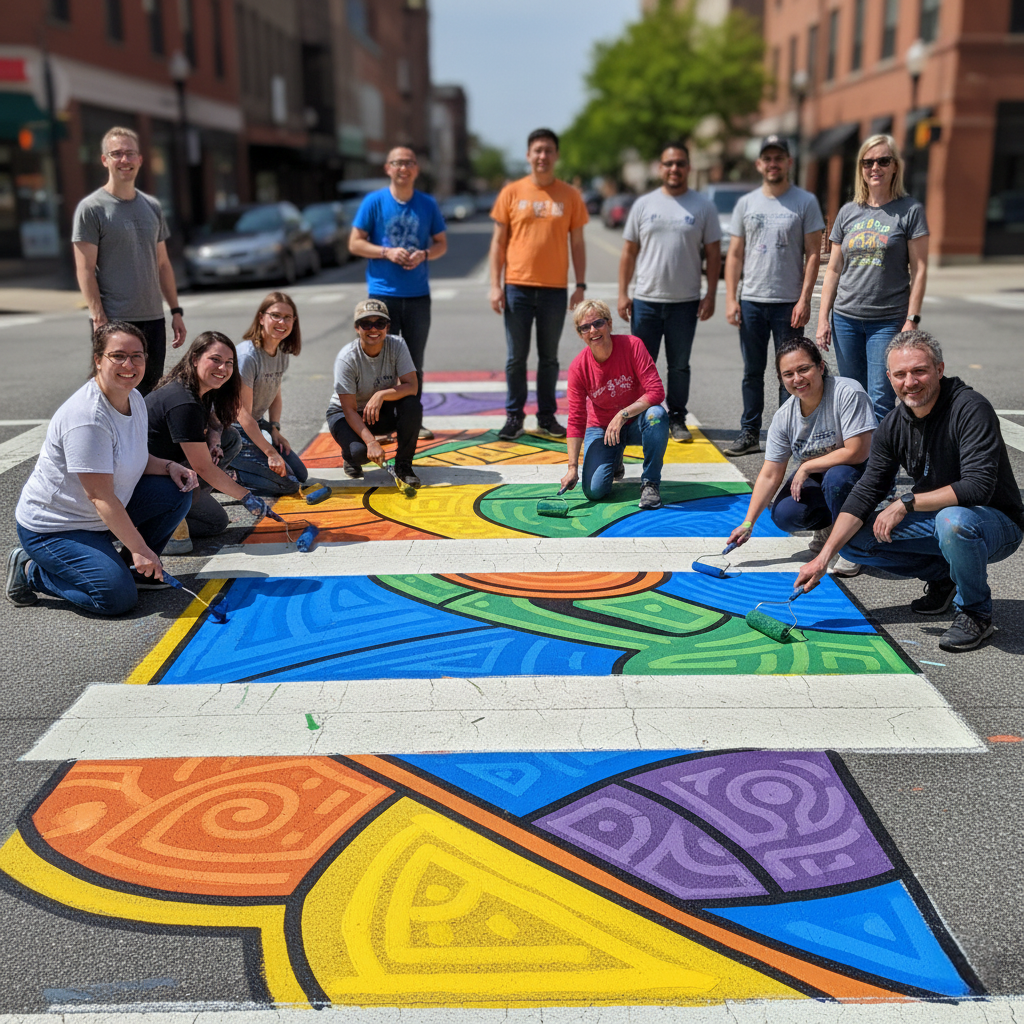 Volunteers painting a bright, artistic crosswalk to improve neighborhood walkability