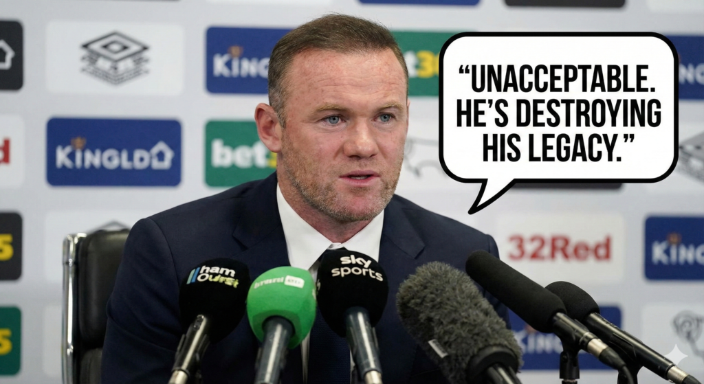 Wayne Rooney speaking at a press conference with a quote bubble that reads UNACCEPTABLE. HE'S DESTROYING HIS LEGACY