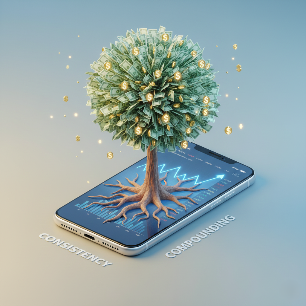 a Money Tree growing out of a smartphone screen showing a stock market graph