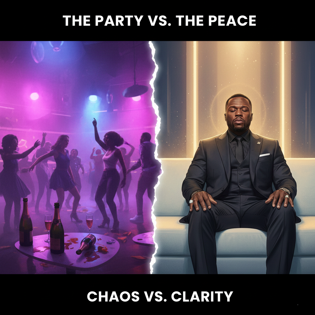 a chaotic club scene with blurred figures. On the other side, a calm, meditative 50 Cent in a suit, looking focused and clear-headed, representing his period of clarity
