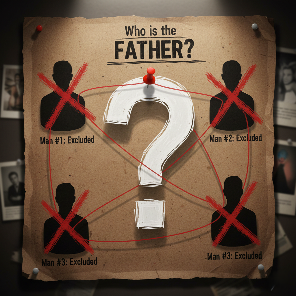 a detective board with red strings connecting a central question mark to four silhouettes of men