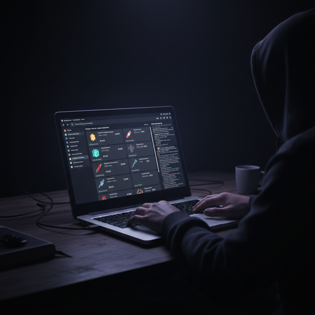 a digital marketplace on a laptop screen, illuminated by a single lamp in a dark room, symbolizing the clandestine nature of the Dark Web