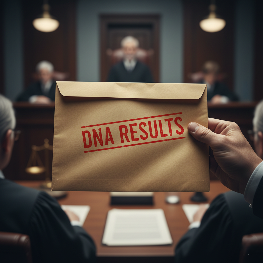 a hand holding a manila envelope with the words 'DNA RESULTS' stamped in red ink