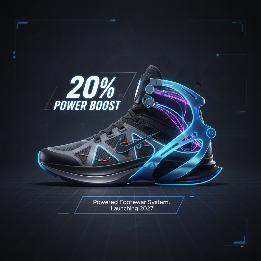 a high-tech running shoe with a mechanical exoskeleton cuff attached to the ankle, glowing with 20% Power Boost' energy.