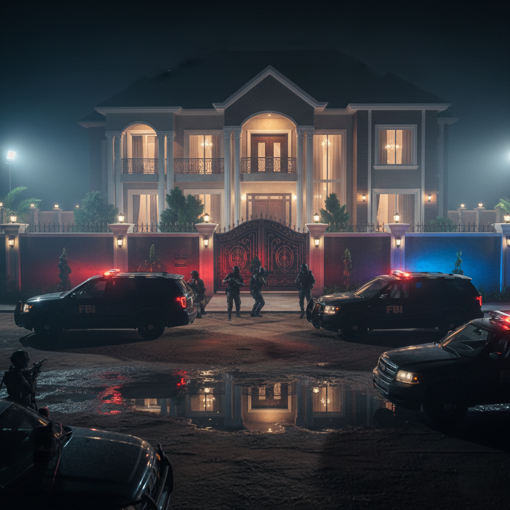 a luxury mansion in Ghana (Swedru style) surrounded by unmarked black SUVs