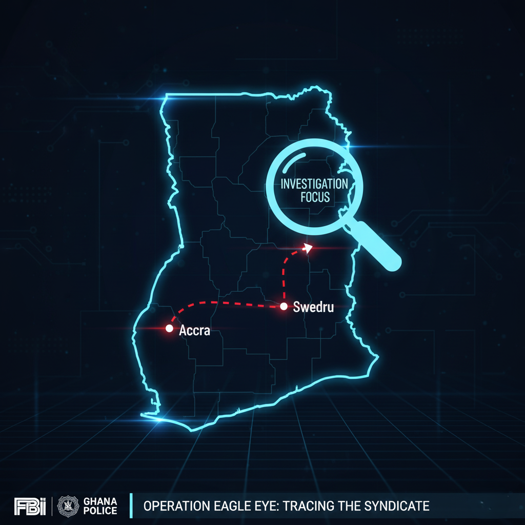 a red travel line connecting 'Accra' to 'Swedru.' A magnifying glass icon hovers over Swedru, symbolizing the focus of the investigation