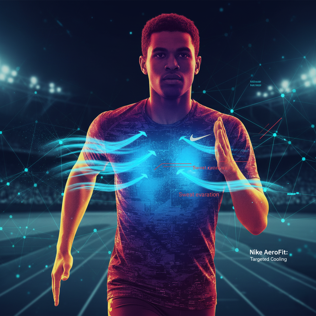 a runner, showing airflow lines (blue) cooling the chest area specifically, representing the AeroFit technology.