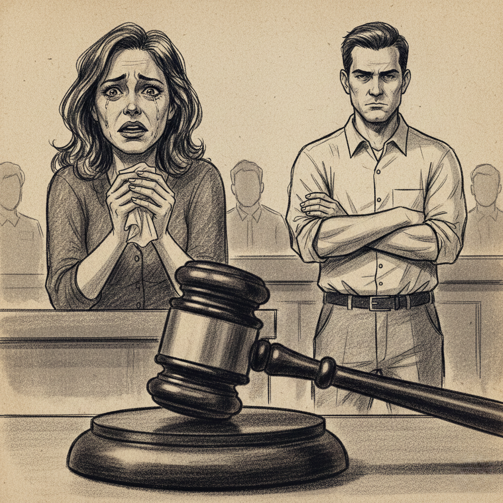 a woman looking desperate and emotional but a man looking stoic and defensive with arms crossed