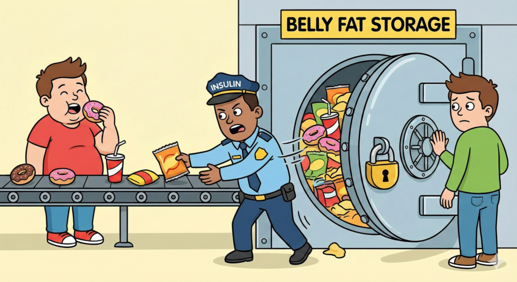 an Insulin security guard locking snacks into a Belly Fat Storage vault, preventing a person from accessing stored energy