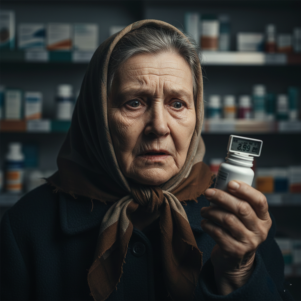 dramatic photo of a Russian woman holding a bottle of medicine