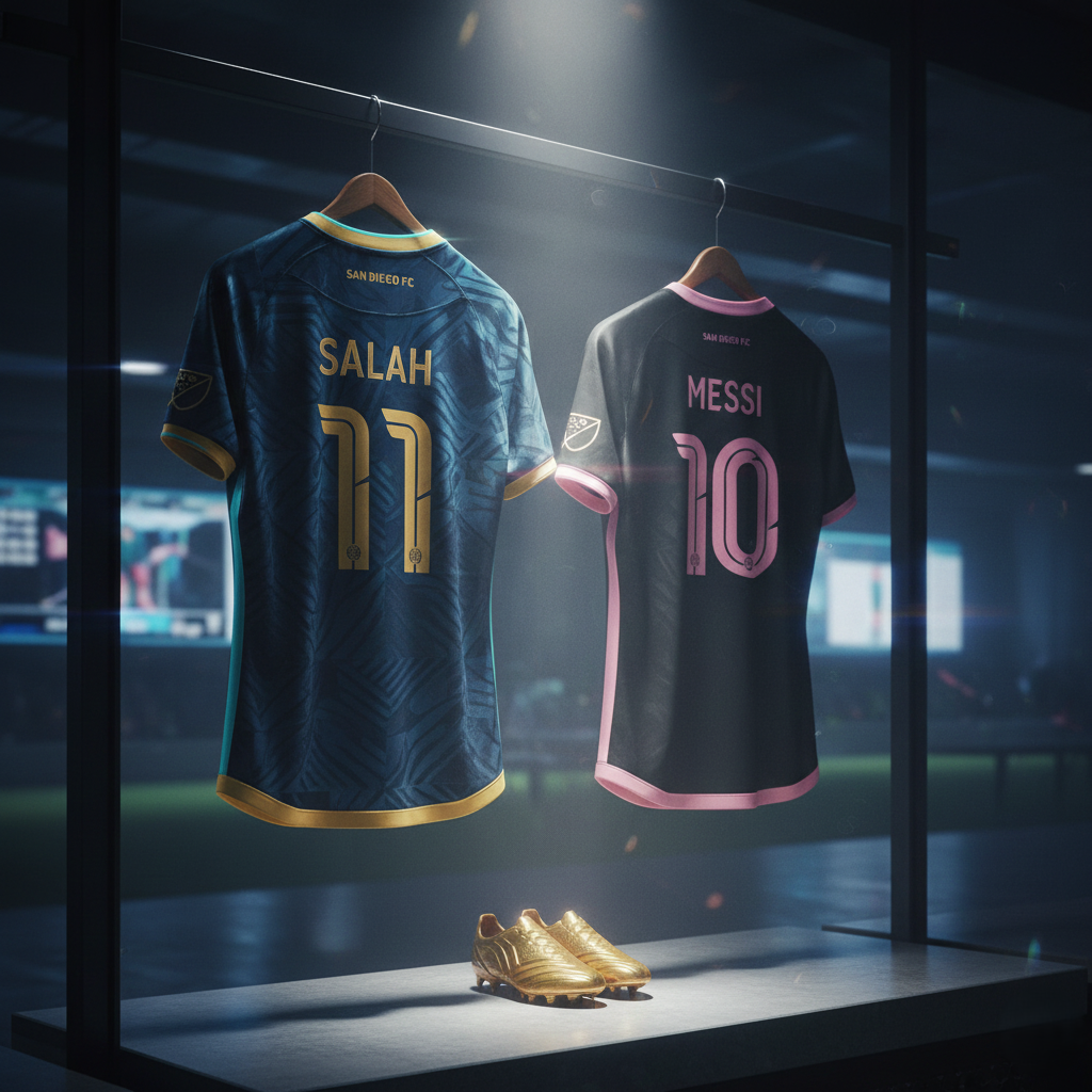 jersey for 'San Diego FC' with the name 'SALAH' on the back, hanging in a locker room next to a Messi Miami jersey