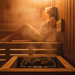 peaceful scene inside a traditional Finnish sauna with rising steam