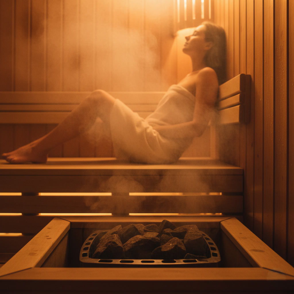 peaceful scene inside a traditional Finnish sauna with rising steam