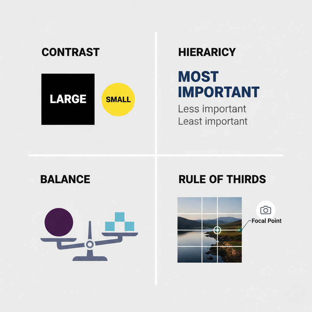 the foundational design principles Contrast, Hierarchy, Balance, Rule of Thirds. Minimalist, modern style