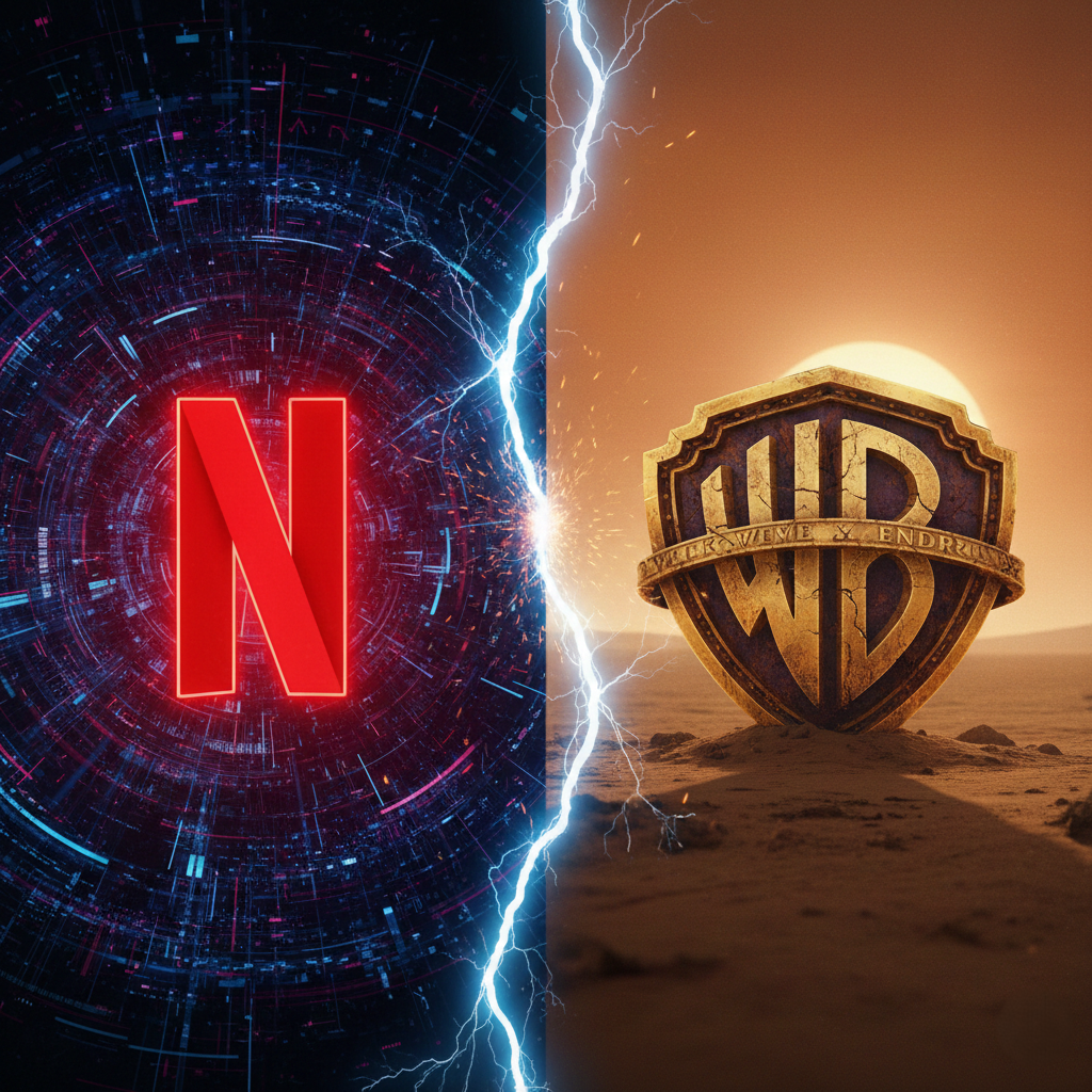 the red Netflix N logo glowing neon in a digital void and the classic golden Warner Bros.