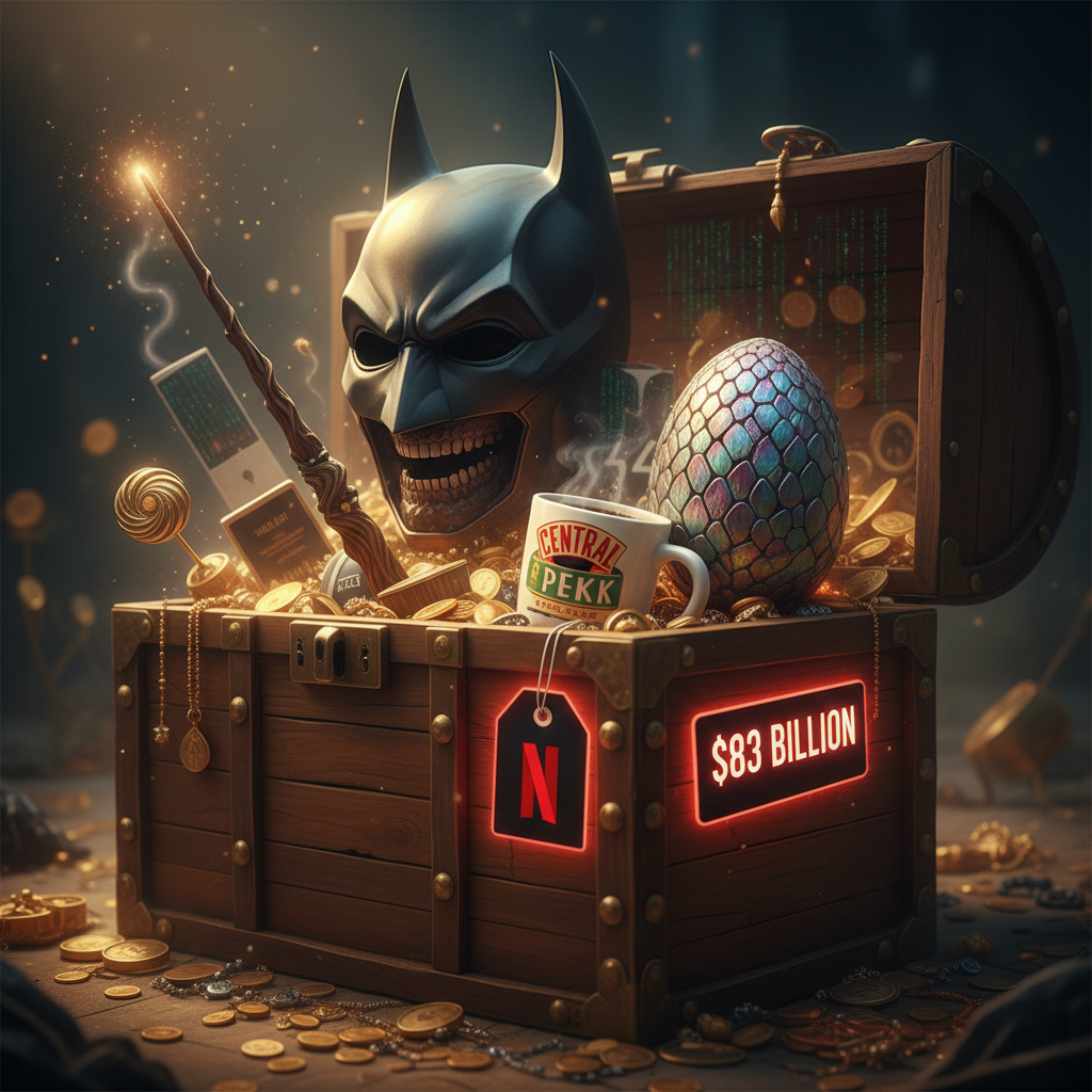 treasure chest overflowing with iconic items a Batman cowl, a Harry Potter wand, a dragon egg, and a Friends coffee mug.
