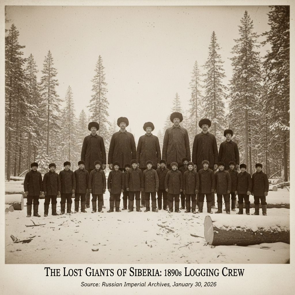 A 19th-century style photograph of a Siberian logging crew featuring individuals of extraordinary height