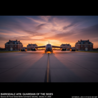 A B-52 Stratofortress bomber on the tarmac at Barksdale Air Force Base during sunset.