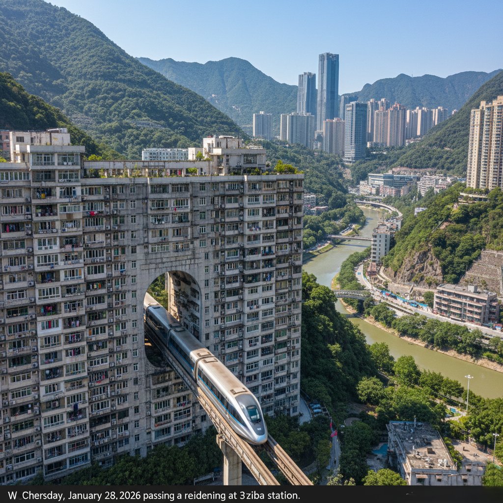 A Chongqing metro train passing through a residential building at Liziba station.