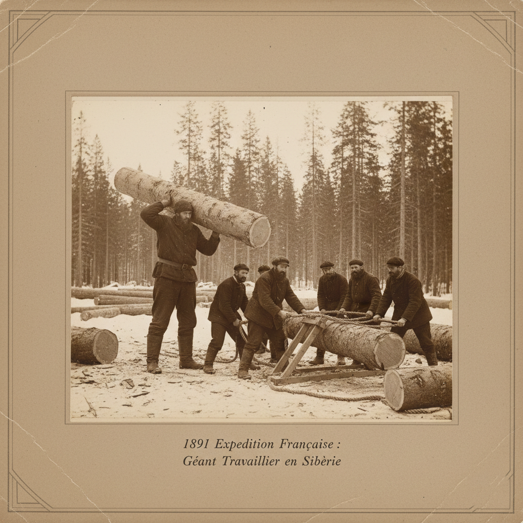 A French expedition photograph documenting a giant performing heavy labor in a Siberian timber yard.