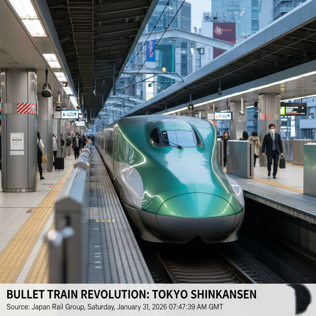 A Japanese Shinkansen bullet train at a station in Tokyo.