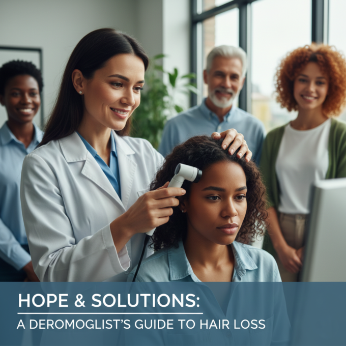 A board-certified dermatologist examining a patient's hair for alopecia diagnosis.