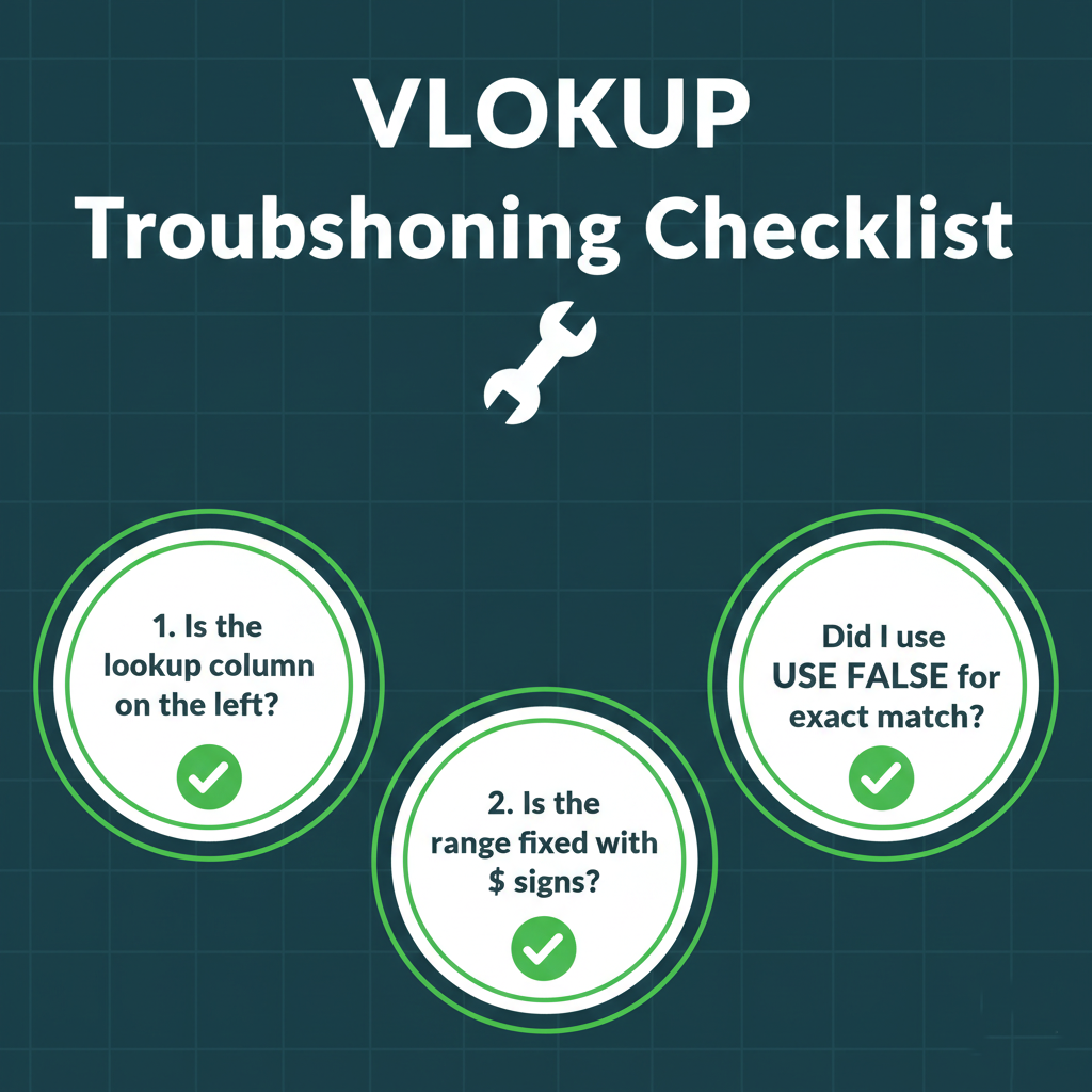 A checklist for troubleshooting common VLOOKUP errors in Excel.