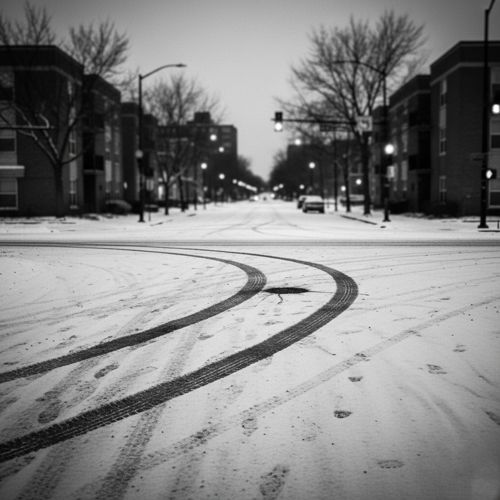 A cold, urban intersection in Minneapolis during winter.