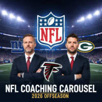 A collage of NFL figures John Harbaugh, Matt LaFleur, and Matt Ryan representing the 2026 coaching carousel.