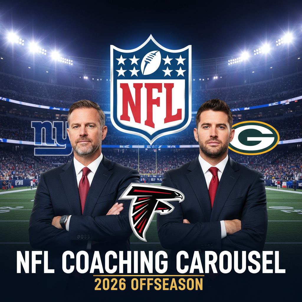 A collage of NFL figures John Harbaugh, Matt LaFleur, and Matt Ryan representing the 2026 coaching carousel.