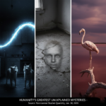 A collage representing various unexplained phenomena including ghostly lights, mysterious faces, and petrified animals.