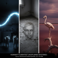 A collage representing various unexplained phenomena including ghostly lights, mysterious faces, and petrified animals.