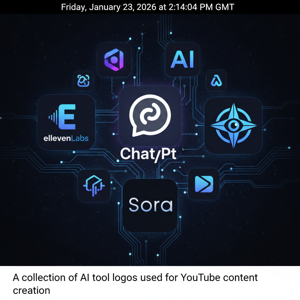 A collection of AI tool logos used for YouTube content creation.