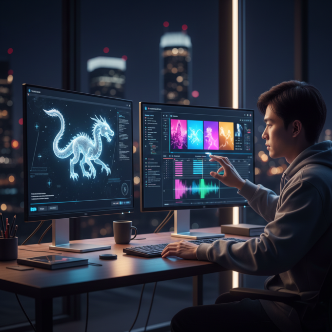 A creative professional using advanced AI tools for 3D modeling and video editing.
