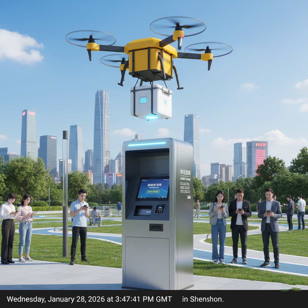 A delivery drone dropping off a package at a smart city kiosk in Shenzhen.