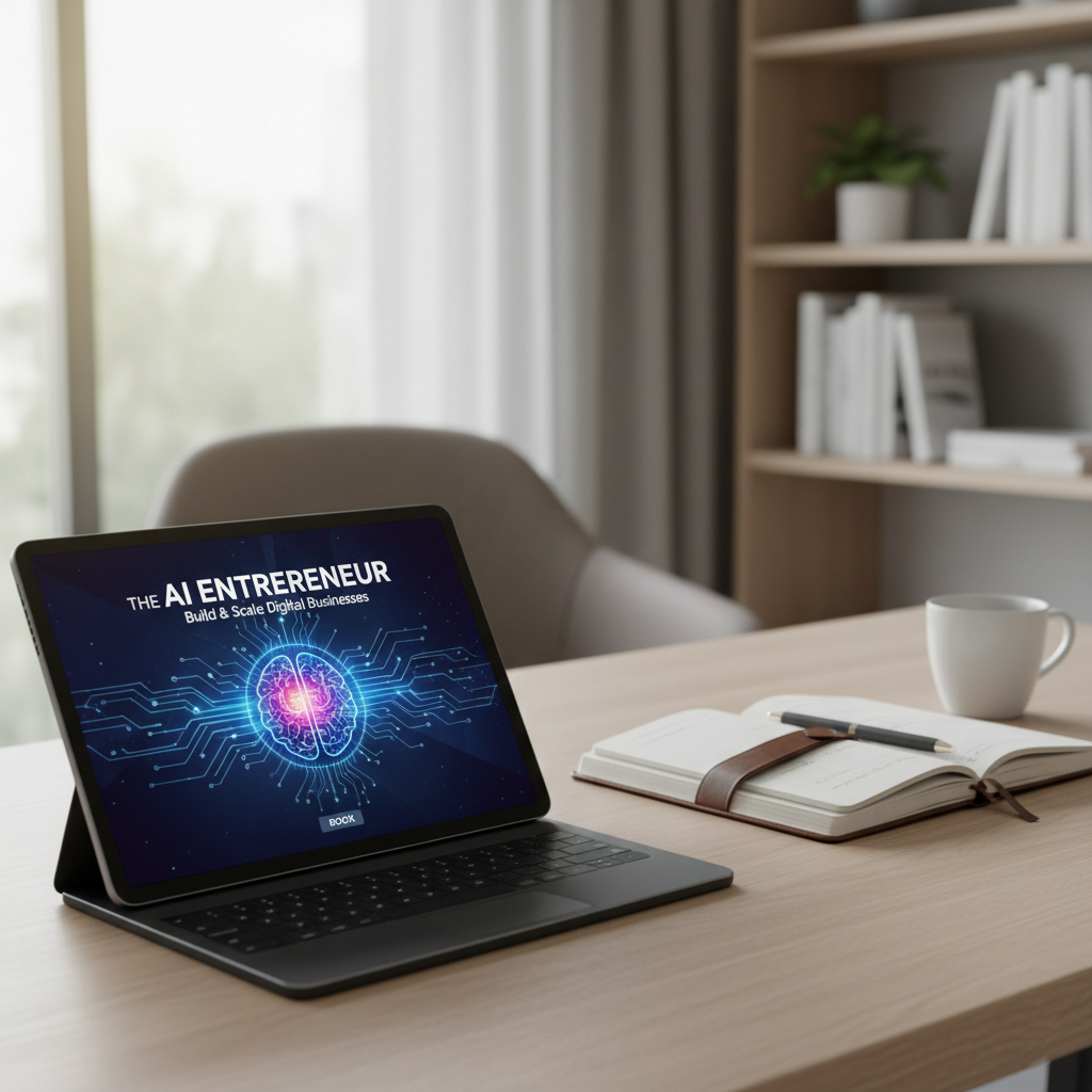 A digital tablet displaying a professional eBook cover in a modern home office setting.