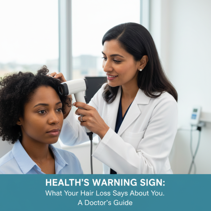 A doctor performing a scalp examination to diagnose the cause of hair loss.