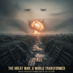 A dramatic depiction of a World War 1 battlefield with trenches and biplanes.