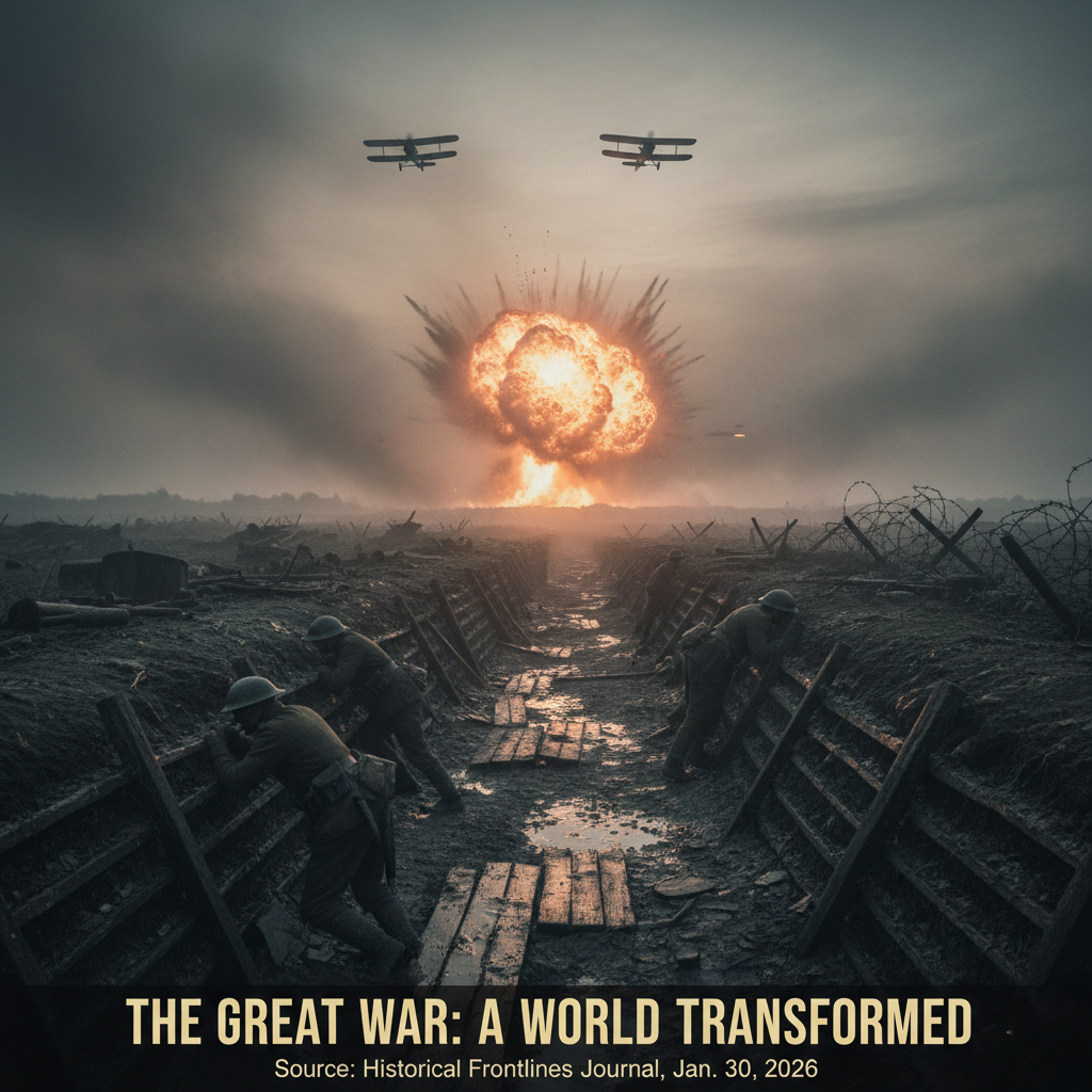 A dramatic depiction of a World War 1 battlefield with trenches and biplanes.